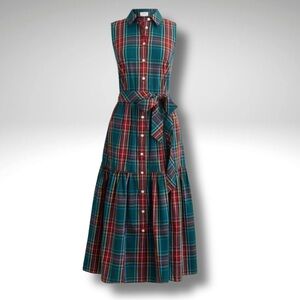 J. Crew Tartan Plaid Sleeveless Tie Waist Shirt Dress - Green and Red
